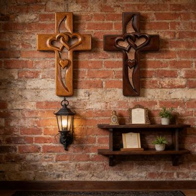 Hand-Carved Intertwined Hearts Wall Decoration Rustic Wooden Double Hearts Wall Sculpture Home Living Room Hanging Christian Religious Ornament
