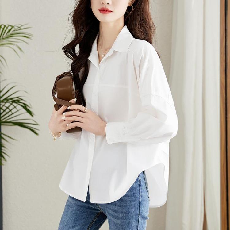 Women Fashion Chic Blue Lantern Sleeve Design Casual Long Sleeve Shirt Spring Loose Top M белый