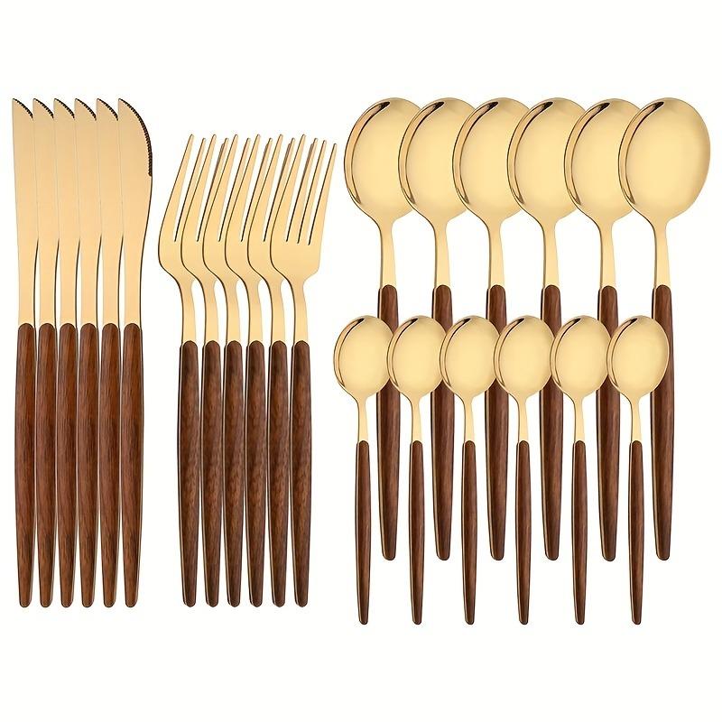 11Pcs Gold Cutlery Set Stainless Steel Flatware Wooden Handle Mirror Polished Steak Knife Fork Spoon Teaspoon Gift Box for Home