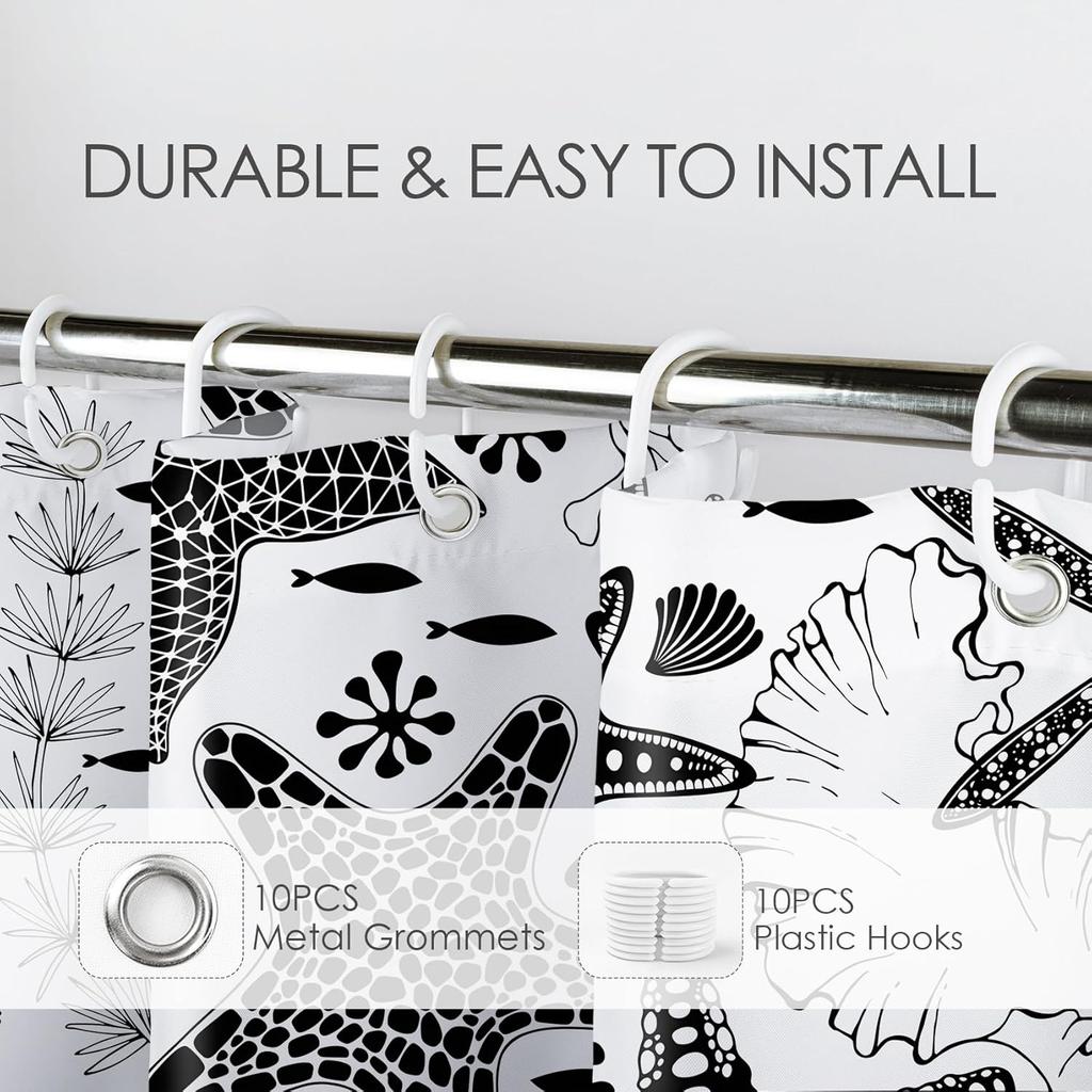 EOBTAIN Black and White Nautical Shower Curtain for Bathroom Summer Starfish and Seaweed Abstract Underwater Fabric Shower Curtain with 10 Hooks