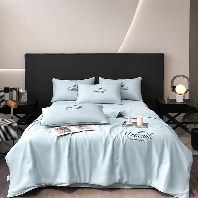 High-End Embroidery Cooling Quilt Set Summer Skin-Friendly Comforter Bedsheet Pillowcase Ice Silky Air Conditioning Blanket Kit