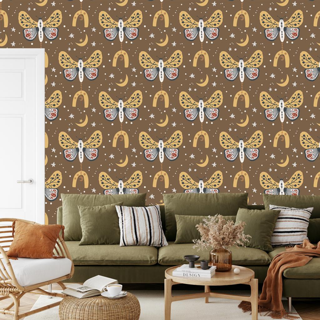 Rainbows and Butterflies Boho Wallpaper Ochre and Gold for Living Room and Bedroom 50x1000