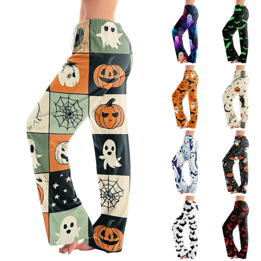 Damen Halloween Print Kordelzug Hose Lässige Lounge Hose Halloween Thema Bedruckter Elastischer Bund Entspannte Passform Hose