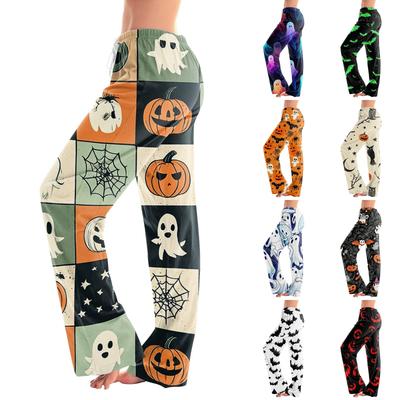 Women Halloween Print Drawstring Pants Casual Lounge Pants Halloween Theme Printed Elastic Waistband Relaxed Fit Trousers