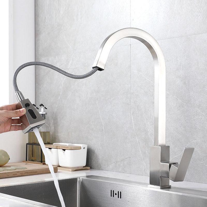 Nickel Kitchen Pull-out Faucet 304 Stainless Steel Double Mode Hot And Cold Mixed Wash Basin Faucet Square Kitchen Sink Faucet
