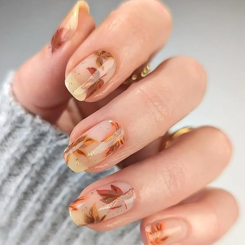 Fall Press on Nails Long Ballerina Coffin Nails Thanksgiving Maple Leaf Acrylic Glue on Nail Glossy Autumn Gold Maple Leaves Fake Nail for Women DIY