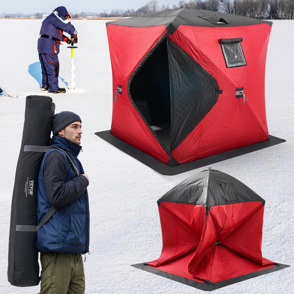 Portable Ice Shelter, 3-4 Person Insulated Pop-Up Ice Fishing Tent, 35 Square Feet Fishable Area, Thermal Ice Shanty for Winter Fishing, Ice Cube with
