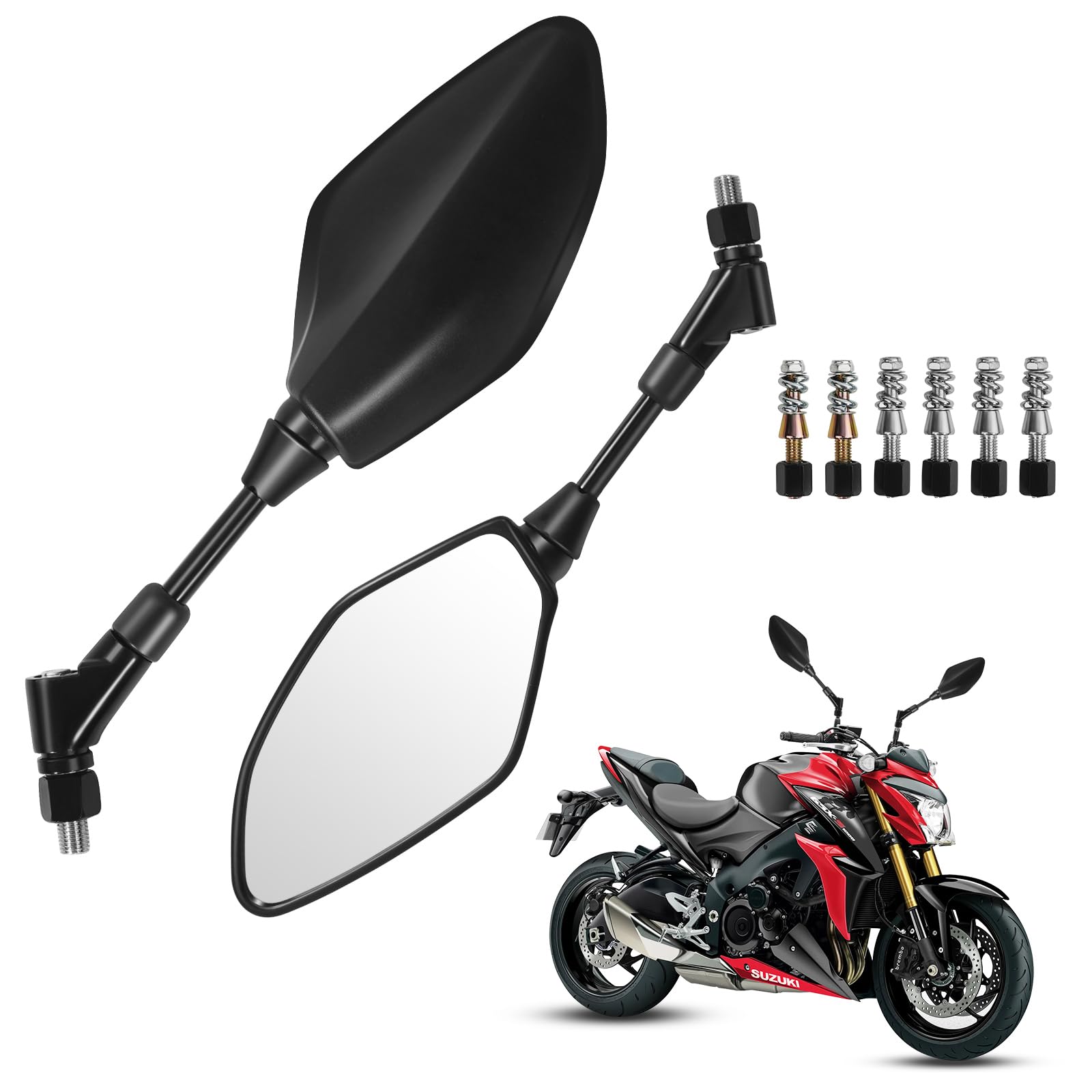 

Зеркала заднего вида универсальные для мотоциклов Esploratori для левой и правой стороны дюйм Yamaha, Honda, Kawasaki, Комплект, 0.3/0.4 (8/10 мм) чёрный