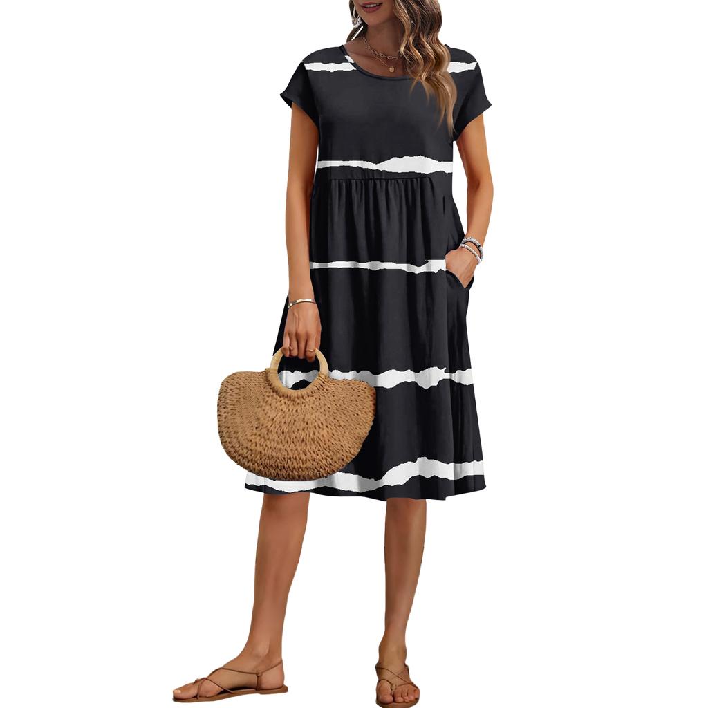 Women's Summer Fashion Casual Round Neck Short Sleeve Striped Print Dress