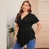 Top Casual da Donna Colorati con Scollo a V, Manica Corta Pieghettata, Taglie Forti