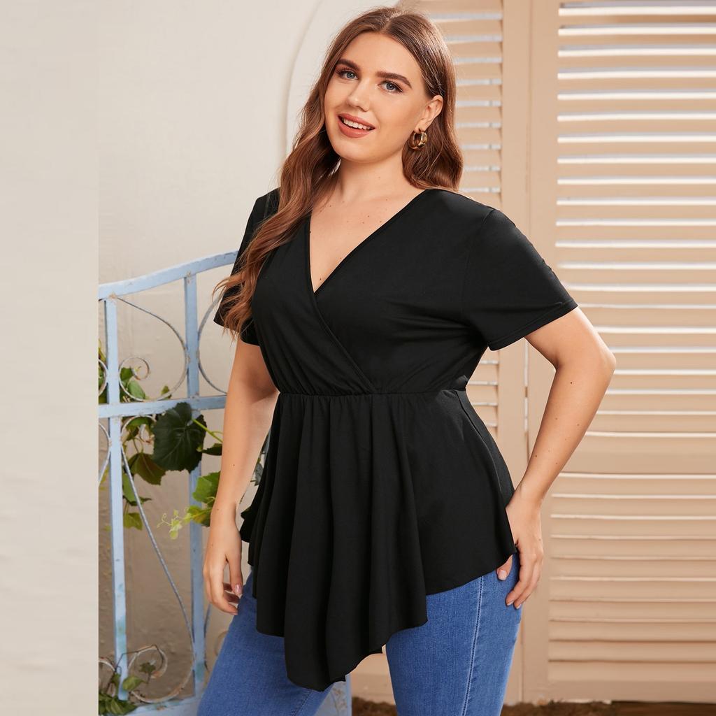 Top Casual da Donna Colorati con Scollo a V, Manica Corta Pieghettata, Taglie Forti