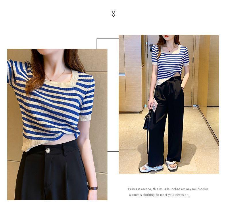 Women's Ice Silk Striped Square-Neck T-Shirt - Summer 2026 Collection