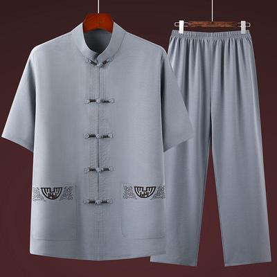 Summer Tang Suit Men's Short-sleeved Casual Suit Chinese Style Cotton and Linen Tai Chi Suit PLUS Size