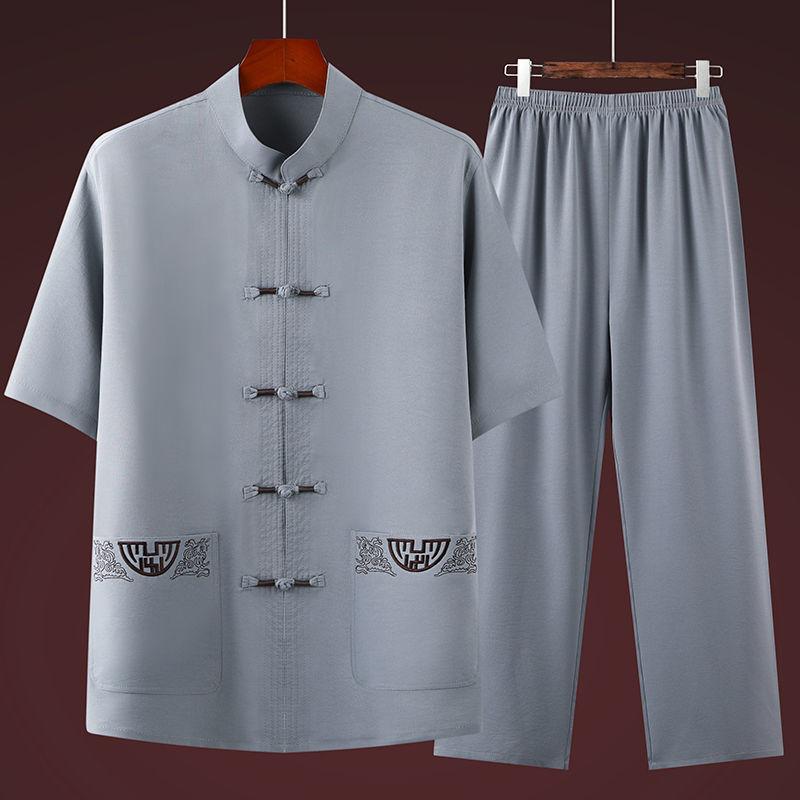 Traje Tang de verano para hombre, traje informal de manga corta, estilo chino, traje de Tai Chi de algodón y lino, talla grande