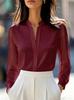 European and American Popular Perspective Long-sleeved Splicing Notch V-neck Solid Color Temperament Elegant Commuter Top Shirt