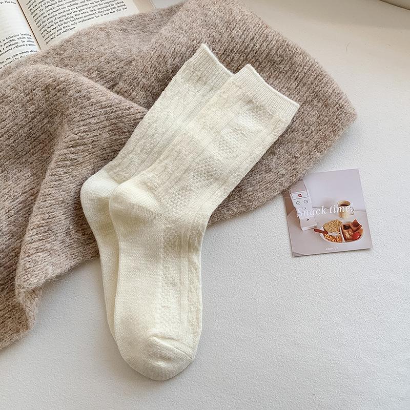 Women's Mid-Tube Cashmere Wool Socks - Thick, Warm, Solid Color for Autumn & Winter