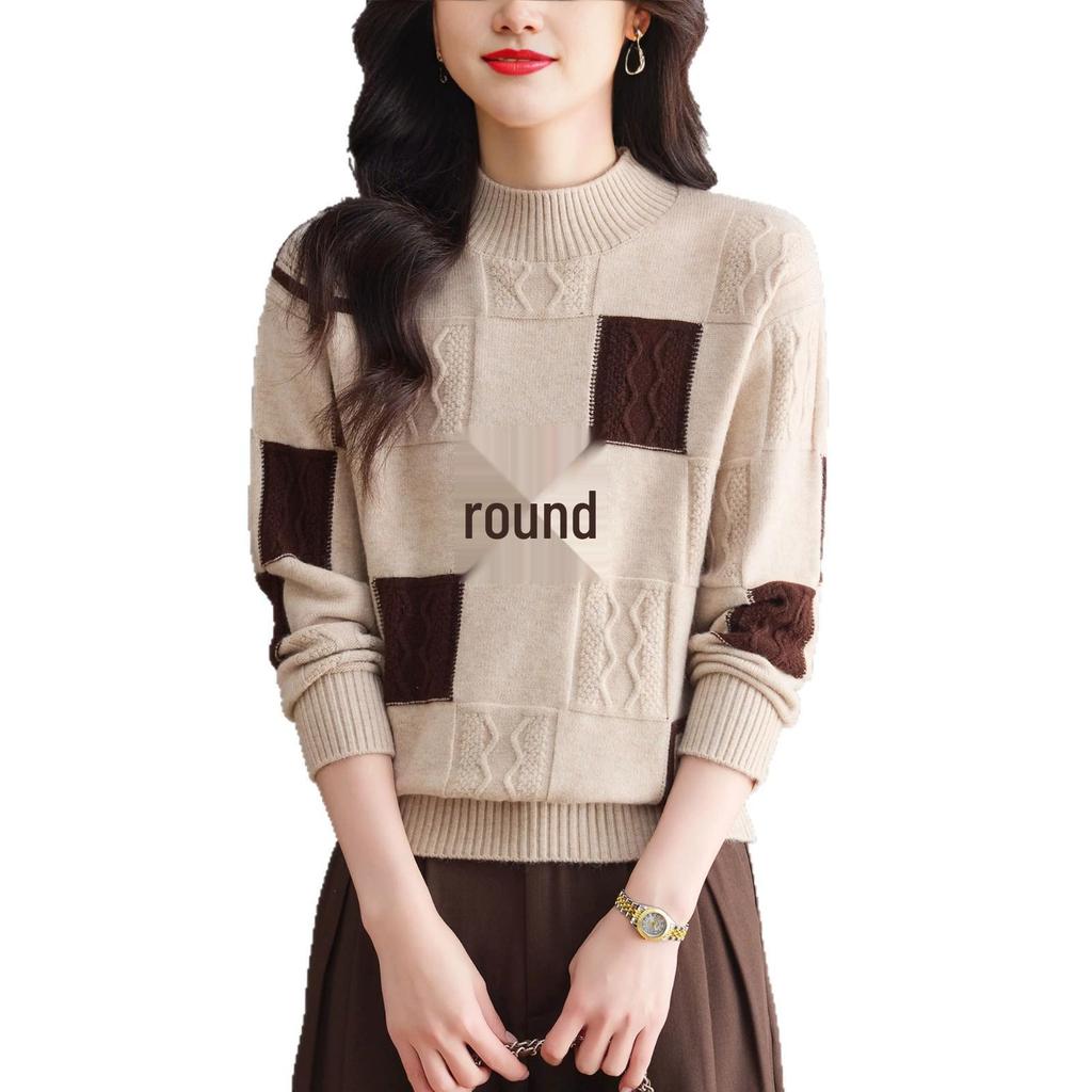 Autumn/Winter Women's Color Block Knitted Round Neck Sweater - Slimming & Stylish Base Layer
