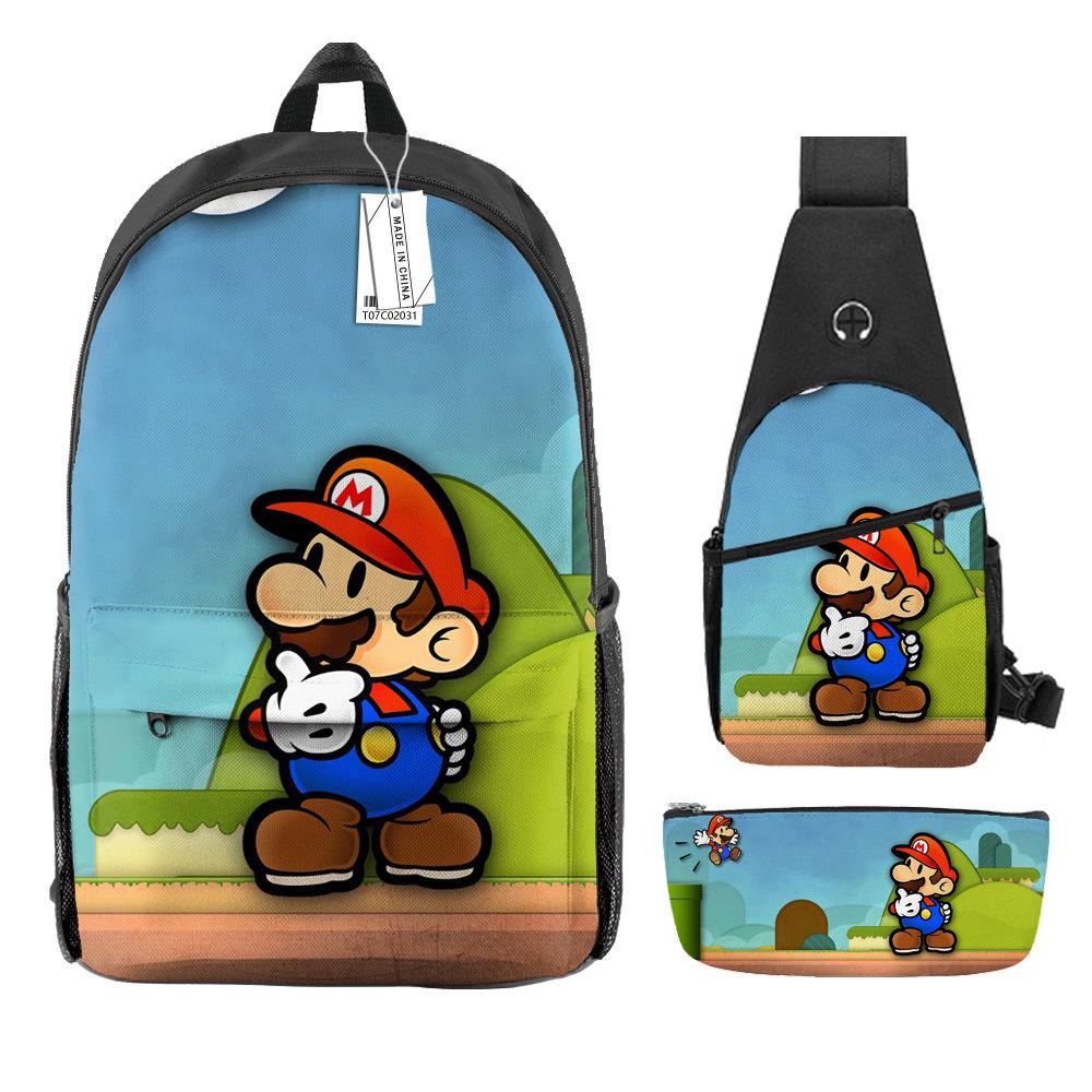 Animation Backpack, Super Mary Primary School Student Print Children'S Backpack Satchel Pencil Case Three-Piece Set
