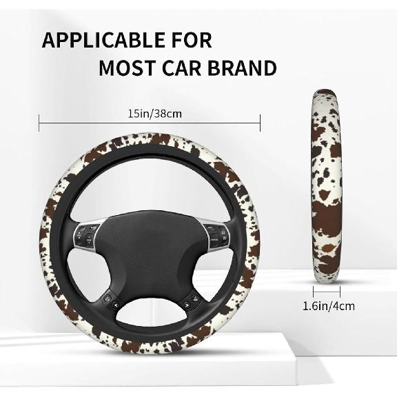 Brown Western Cow Print Steering Wheel Cover for Women Men with 2 Pcs Car Coasters, 15 Inches Neoprene Anti-Slip Cute Universal Car Accessories