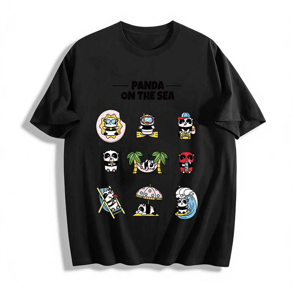 Cute Panda Beach Vacation Print Casual T-Shirt Pure cotton T-shirt XXS