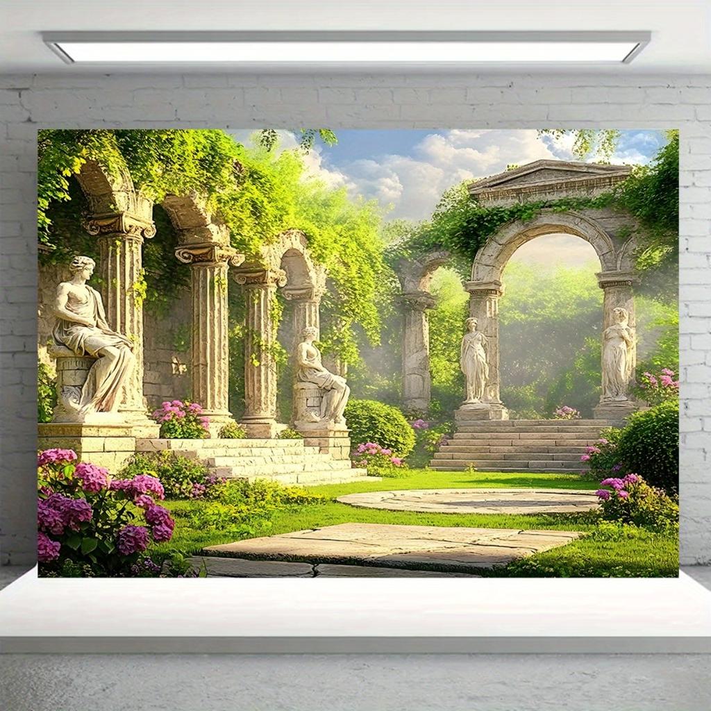 2D flaches Banner, 1 Stück, Banner mit mythischem griechischem Tempel-Hintergrund - Großformatige Polyester-Wanddekoration