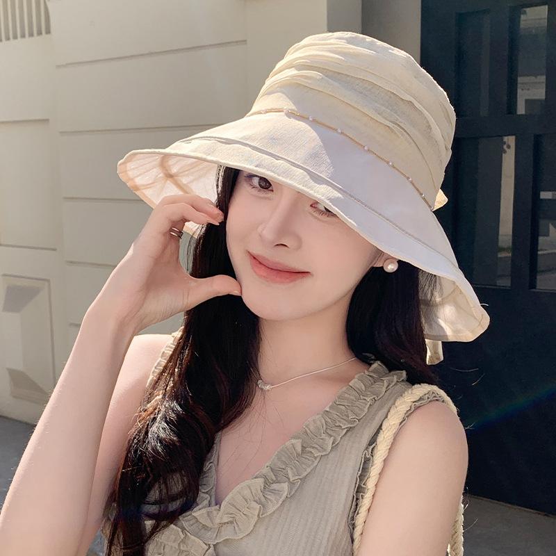 Korean Style Versatile Summer Pleated Sun Hat Pearl Chain Fisherman Hat Women Tulle Sun Hat Big Brim Trendy