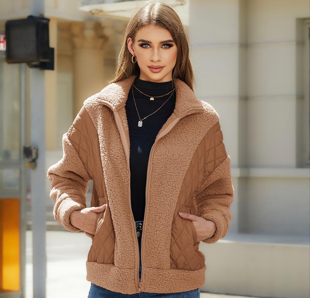 Women's Clothing, Autumn and Winter New Styles, Fashionable Long Sleeved Cardigan, Zipper, Plush, Spliced Women's Jacket, Winter Warm Jacket