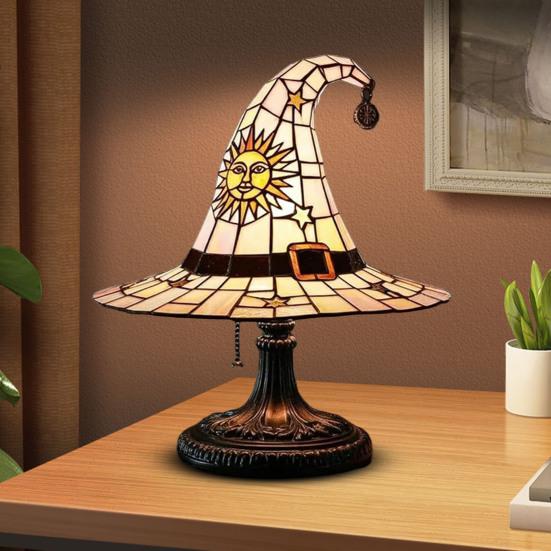 Witch Hat Lamp Stained Glass Resin Wizard Hat Light Spooky Gothic Table Lamp Decorative Standing Light for Indoor Party Haunted Halloween Bedroom
