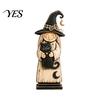 Solid Wood Halloween Crafts Vintage Wooden Witch Figurine, Statues with Ornaments Broom Pumpkin Black Cat, Fall Farmhouse Tabletop Decorations