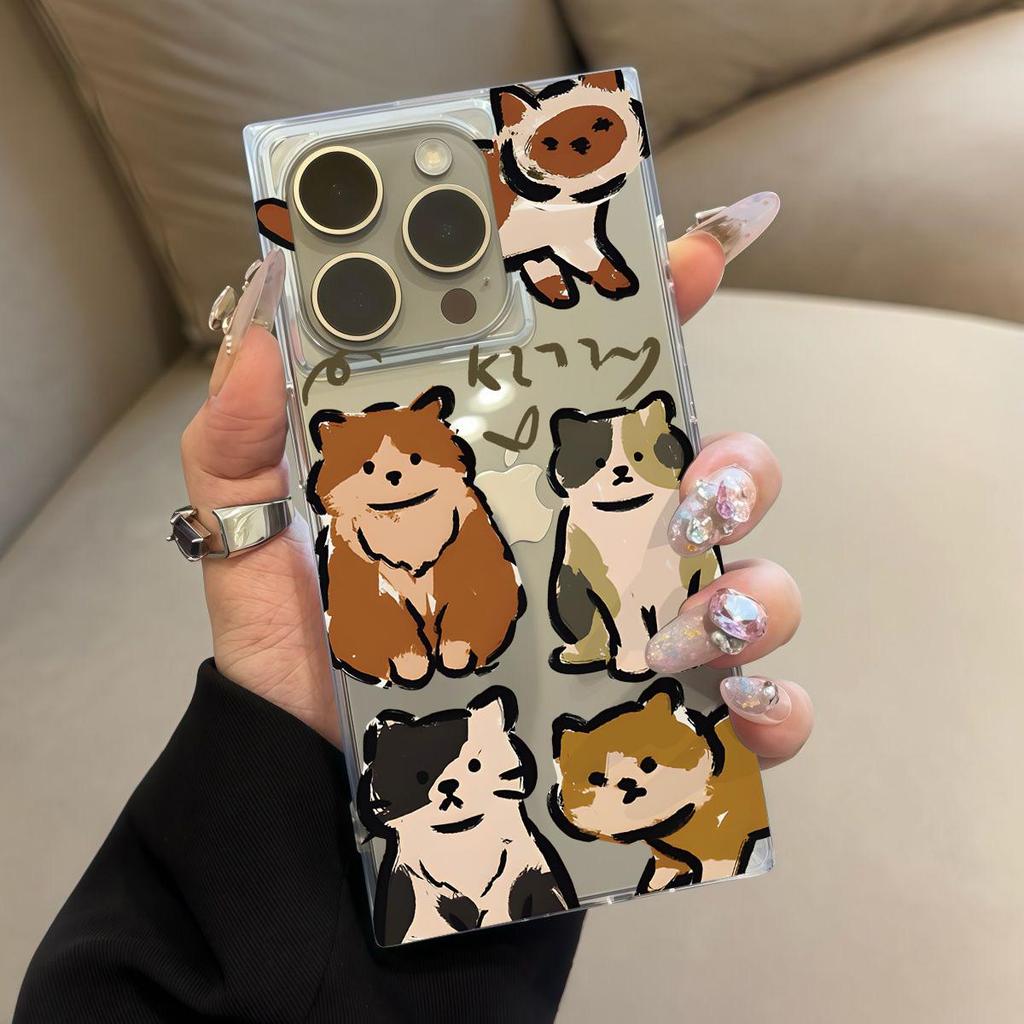 Square Back Tube Protection Clear Case For iPhone 11 15 Plus 16 ProMax 12 13 14 Pro Max Anti-Oxygen,Cartoon Cat Pattern Casing