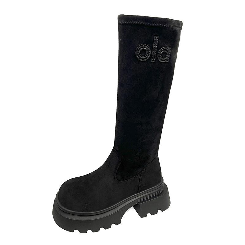 2025 Suede Sleeve Thick Bottom Thick Heel Elastic Legs Thin Brown Tall Martin Boots Women's Spring and Autumn Boots Retro Style