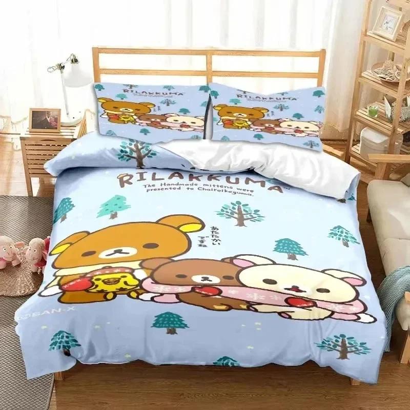 Cartoon Rilakkuma Bear Printed Bed Set Duvet Cover Pillowcase Bedding Set Bed Linen Sheet Quilt Cover Full Queen King Size