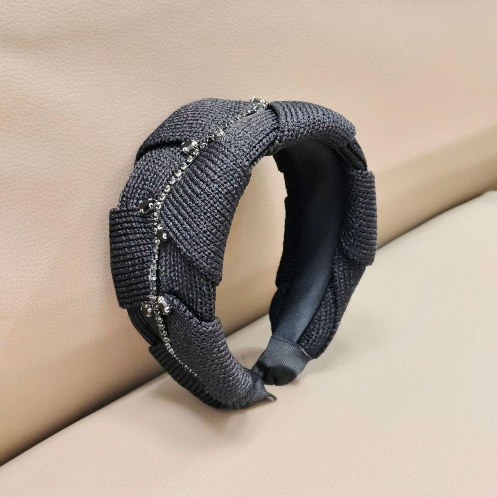 Knitted Fabric Wide Headband Wide Width Rhinestone Headband Stylish Retro Hair Hoop Daily Wear