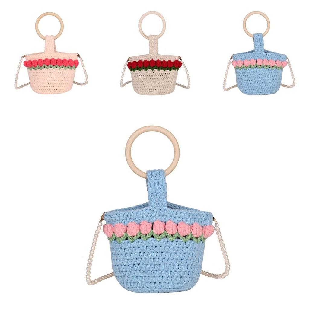 Handcrafted Knit Flower Small Pearl Handbag With Interior Pouch For Casual Outings