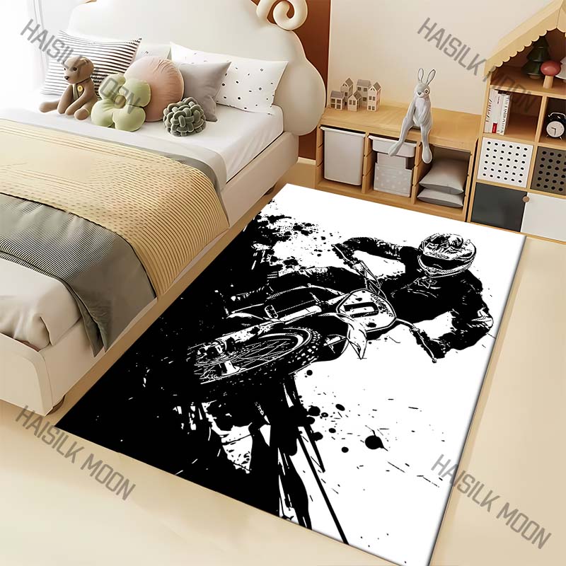1PC Black and white motocross cornering Print Carpet for Living Room Bedroom Sofa Home Decor Rus Non-slip Floor Mat Luxury Gift