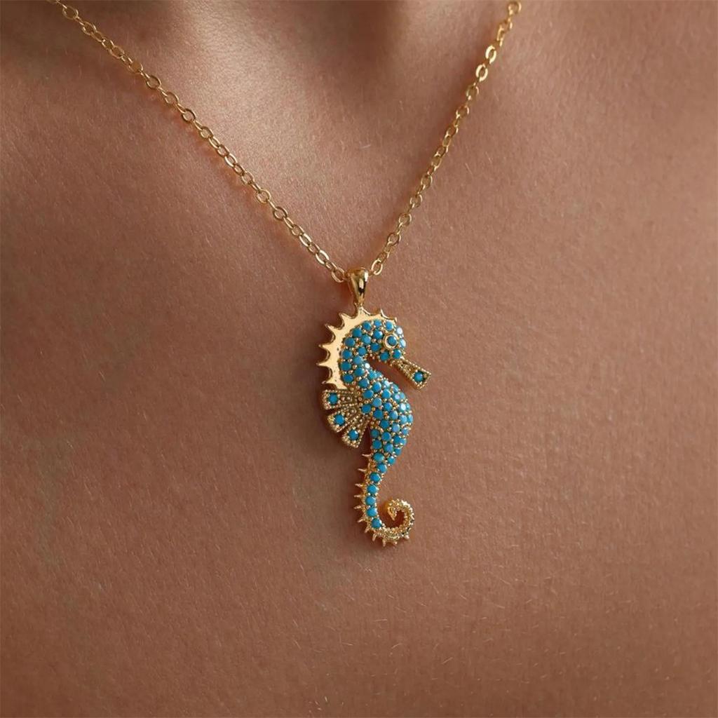 Seahorse Pendant Necklace | Gold Plated Stainless Steel with Zircon Inlay, Jewelry for Women