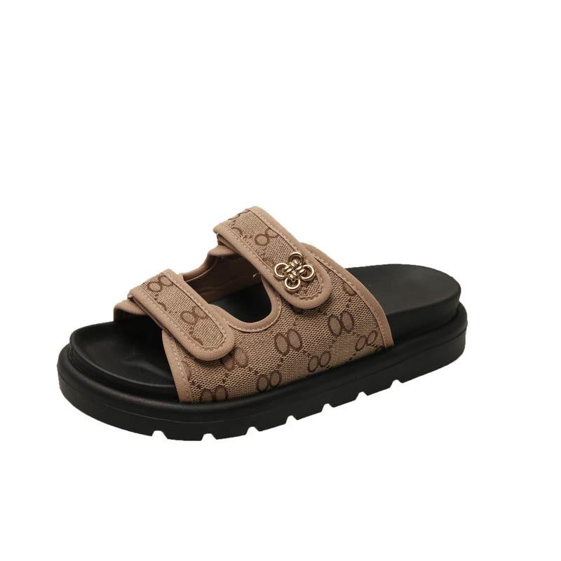 Large Size Thick-bottomed Cool Slippers Women's Summer Denim Outer Wear Velcro Printed Beach One-word Slippers
