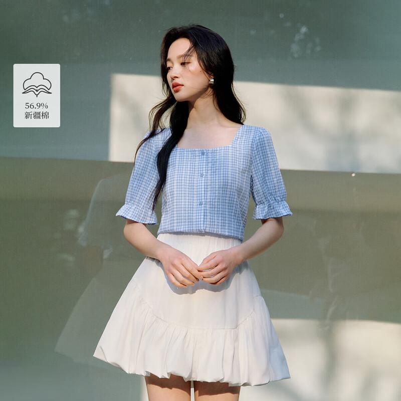 Women s Plaid Jacquard Square Collar Puff Sleeve Shirt M