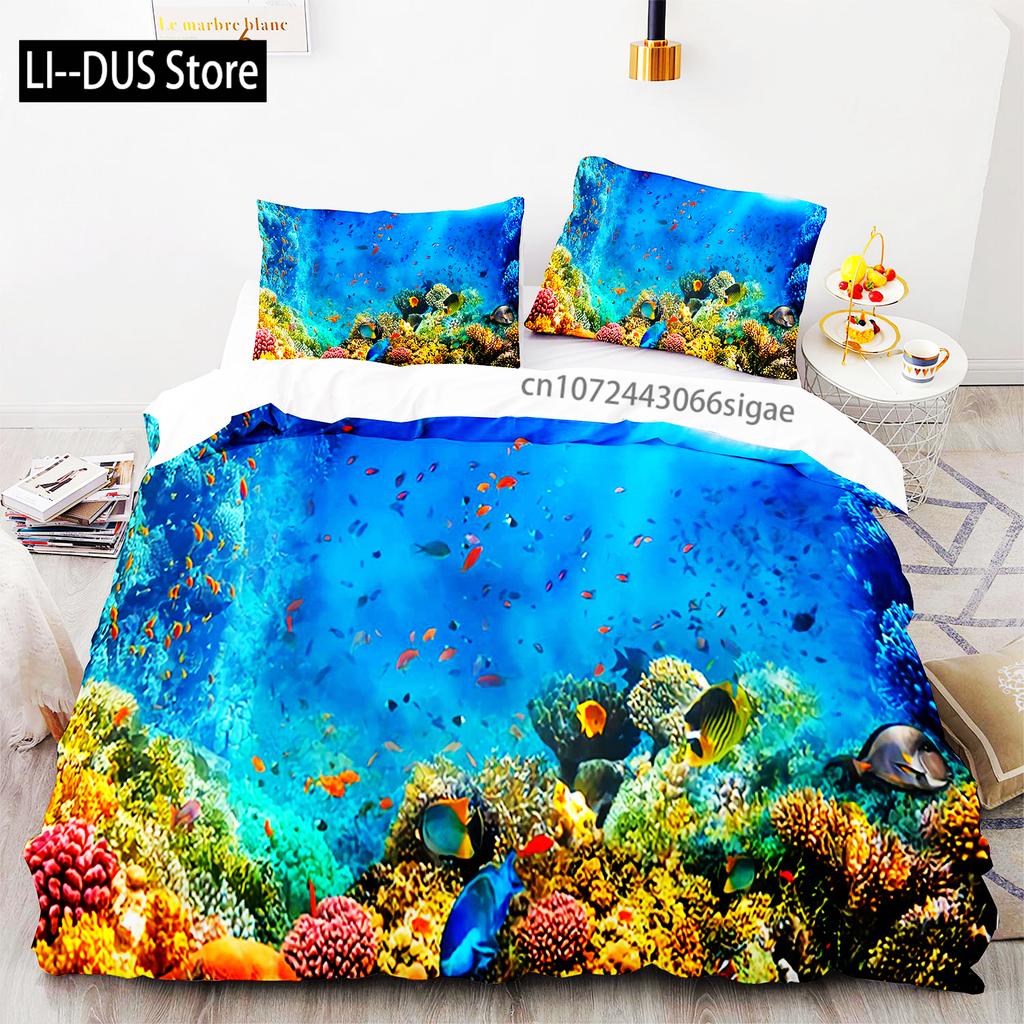 Blue Sea World Bettwäschesets 3D-Druck Meerestiere Delfine Haie Und Cartoon Steppdecke Queen Bettbezug-Set Kinder Erwachsene Bettwäsche