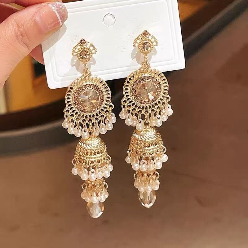 Vintage Indian Wind Chime Tassel Long Earrings For Women, Bohemian Vacation Exotic Ethnic Style Earrings, Trendy Earrings