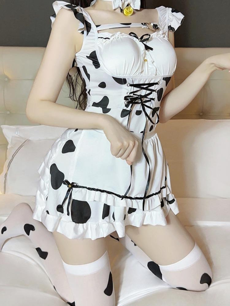 Sexy Game Uniform Pink Cow Girl Costume Set Rabbit Girl Maid Role-playing Sleepwear Internet Famous Style Sleep Dress