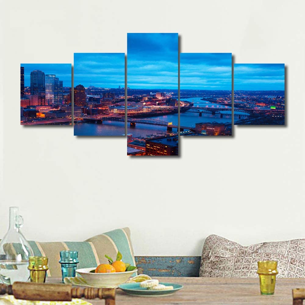 

5 шт., Питтсбург, ночная сцена, небоскребы, линия горизонта города, река Мононгахела, 5 шт., картины, картины на холсте, плакат, HD печать
