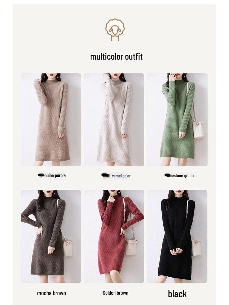 Women's High Neck Knitted Wool Dress - Slimming and Warm for Autumn/Winter