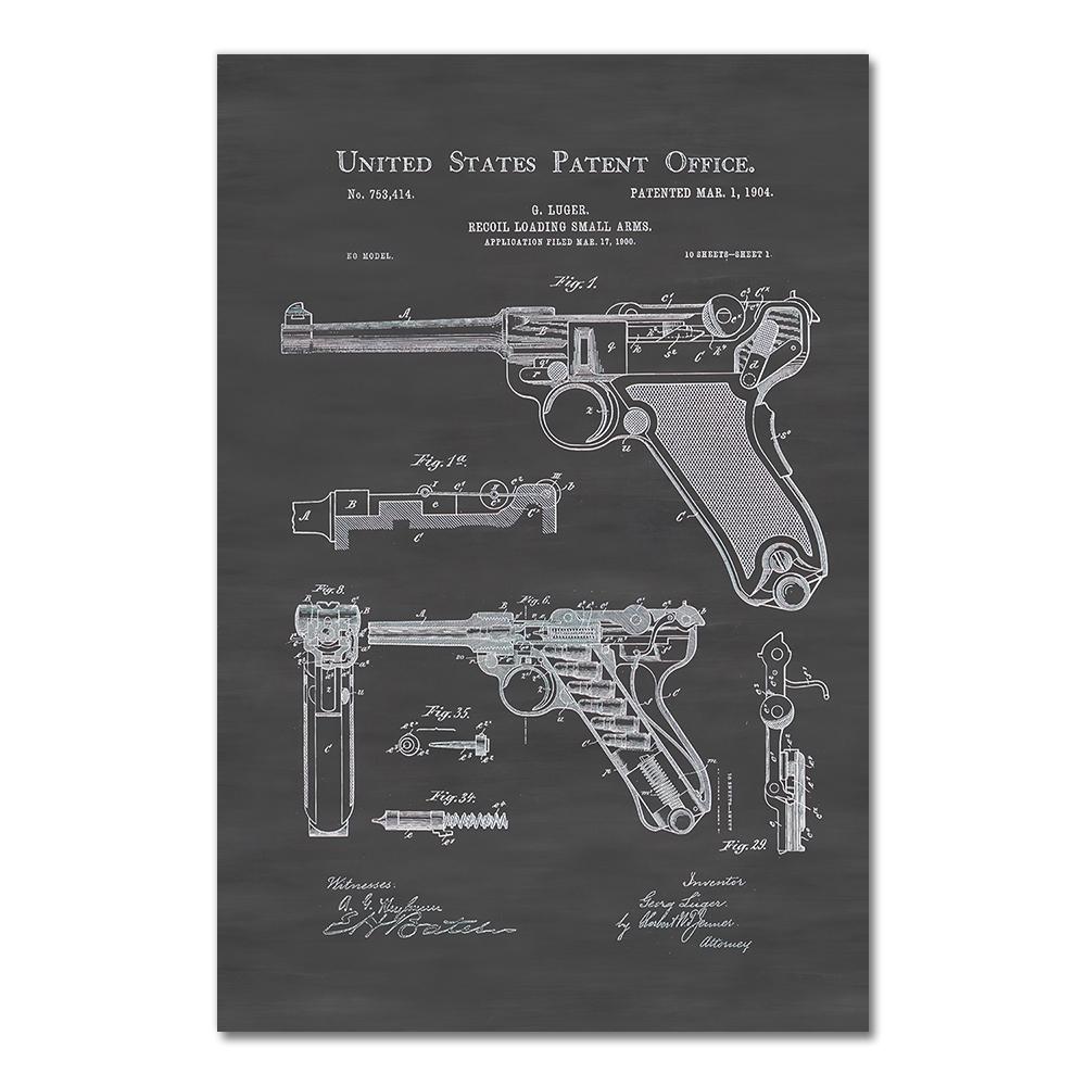 Gun Blueprint Luger Pistol Patent Chart Canvas Painting Posters And Prints Wall Pictures For Living Room Decoration Home Decor