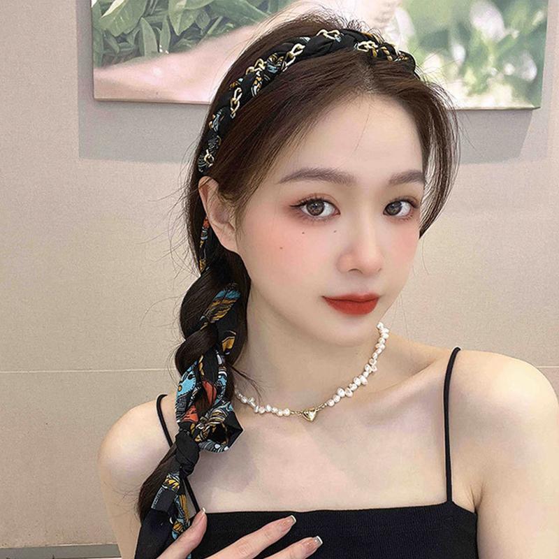 Langes Haarband mit Kette, eleganter Pferdeschwanzhalter, Stoff, Seidenschal, Stirnband, Haarschmuck für Frauen und Mädchen, bedrucktes Haarband