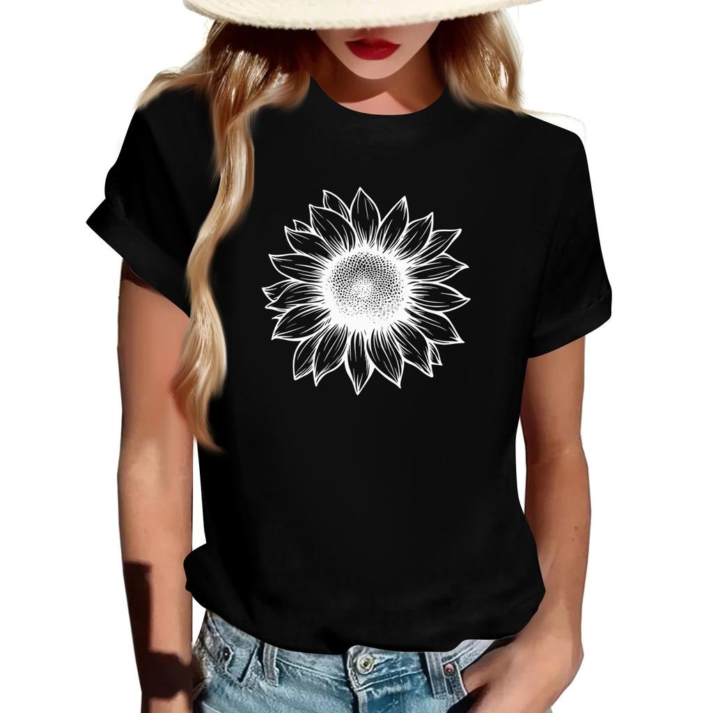 T-shirt à manches courtes pour femme, à col rond, tendance, décontracté, à imprimé rétro