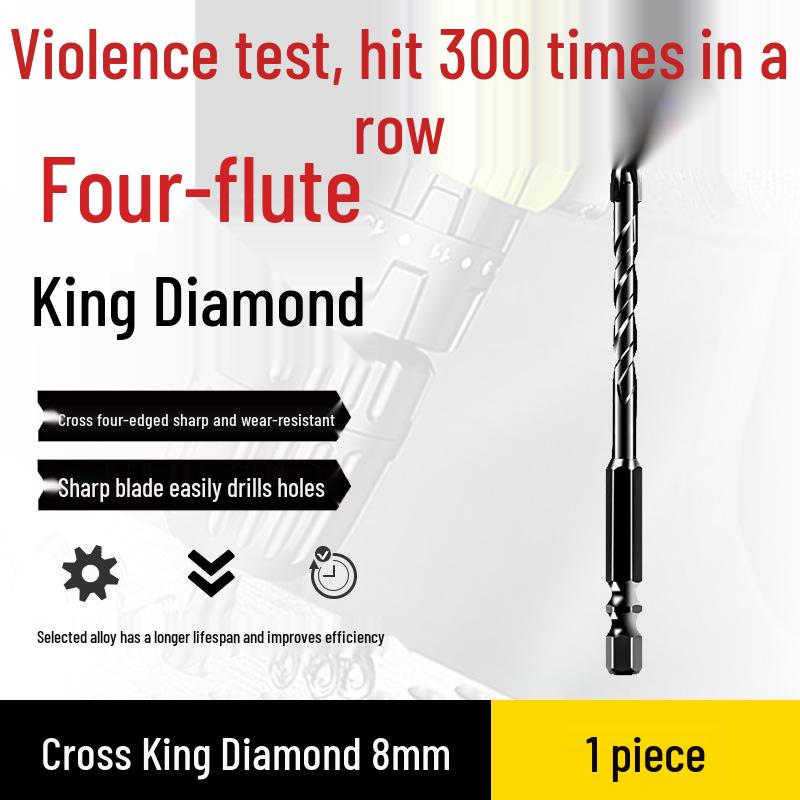 Impact Hex Shank Four-Blade Cross King Drill Bit for Concrete, Tile, and Glass