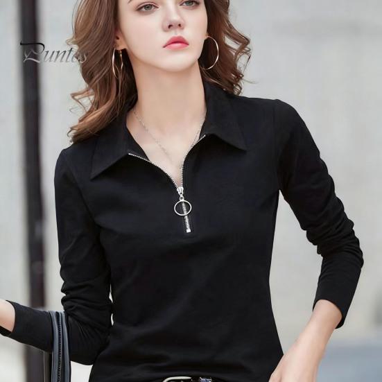 Women T-shirt Lapel Zipper Half Placket Long Sleeve Pullover Tops Solid Color Soft Stretchy Tee Slim Fit Casual Shirt Work Party Vacation Daily
