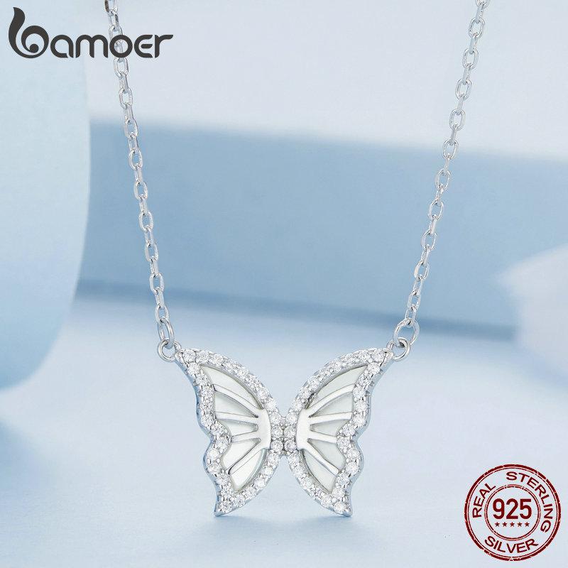 BAMOER 925 Sterling Silver Exquisite Shine Zircon Butterfly Pendant Necklace for Women Birthday Gift Fashion Jewelry