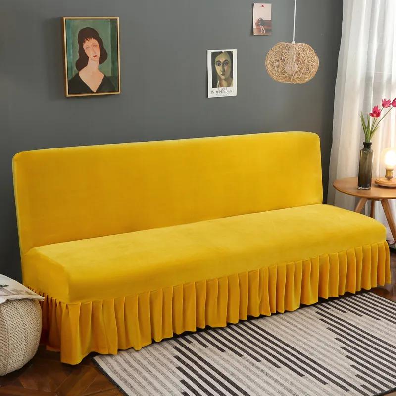 Stretch Velvet Futon Sofa Bed Cover Armless Thick Plush Sofa Cover with Skirt Sofa Slipcover Couch Cover Furniture Protector